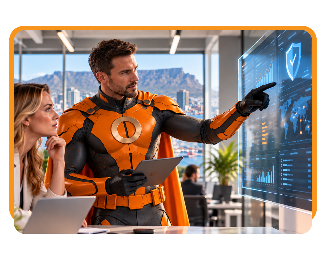 GlobalMSP hero presenting a security dashboard in a Cape Town office